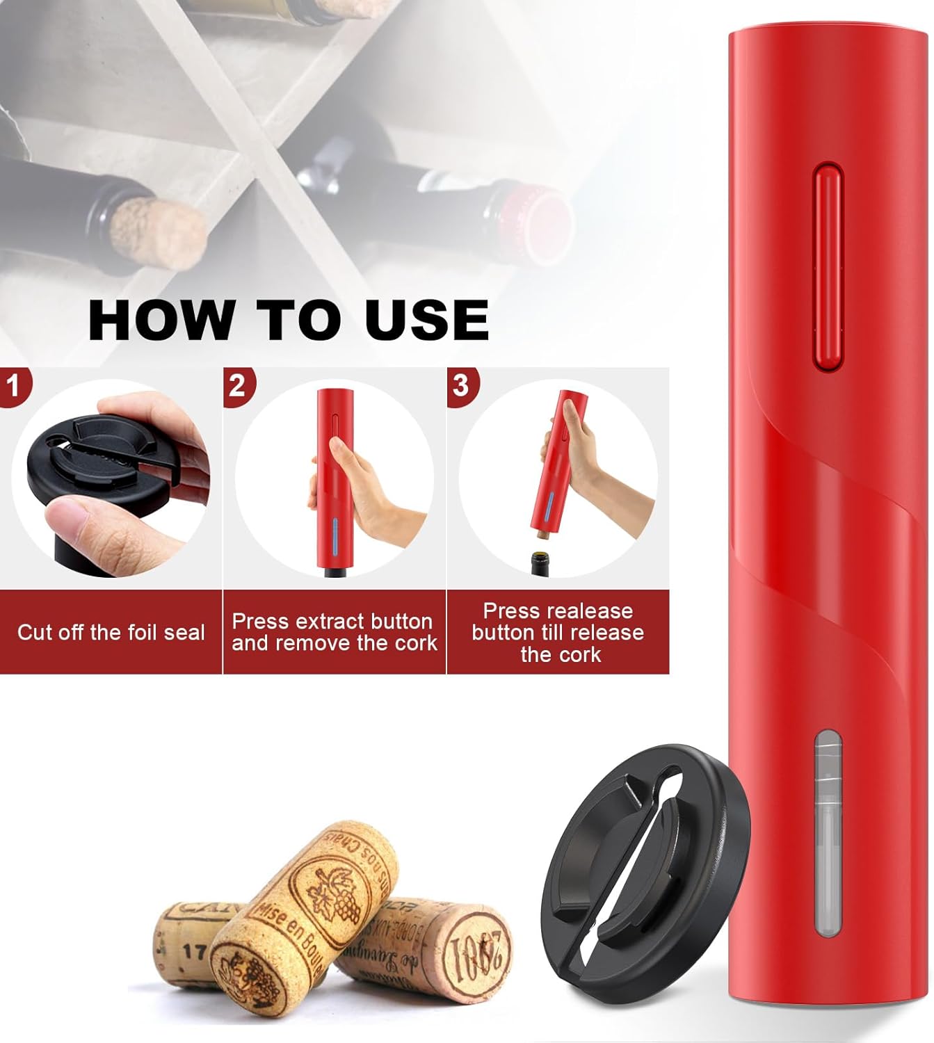 COKUNST Electric Wine Opener, Battery Operated Wine Bottle Openers with Foil Cutter, One-click Button Corkscrew Remover for Home Kitchen Party Wedding