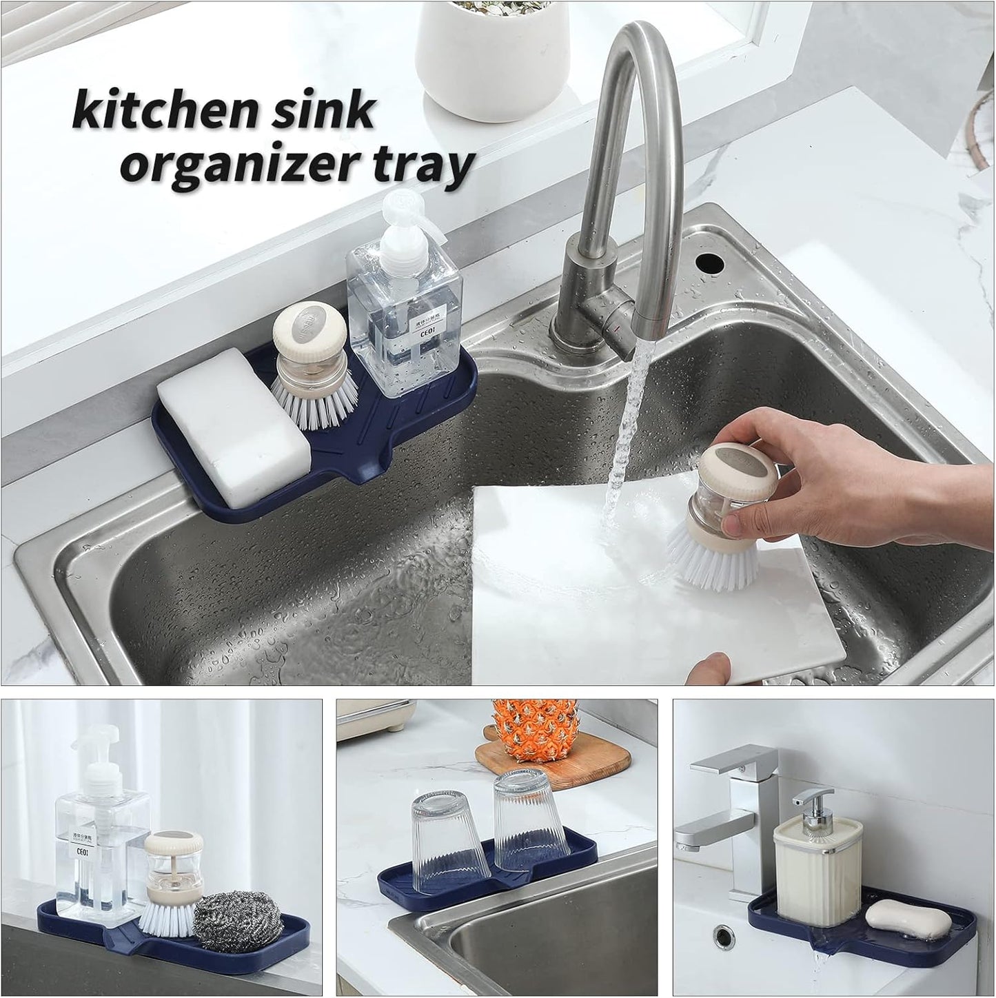 MicoYang Silicone Soap Dish with Drain Spout, Self-Draining Sink Organizer Tray for Bathroom and Kitchen, Sponges, Dispensers and Soap Holder, Non-Slip and Dishwasher Safe, Black (Compact, 4.9"×3.2")