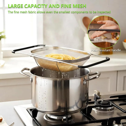 Over Sink Expandable Colander - Collapsible Fine Mesh Strainer Basket with Non-Slip Extendable Silicone Grip, Stainless Steel Kitchen Accessories for Rinsing Pasta, Rice, Fruits & Vegetables