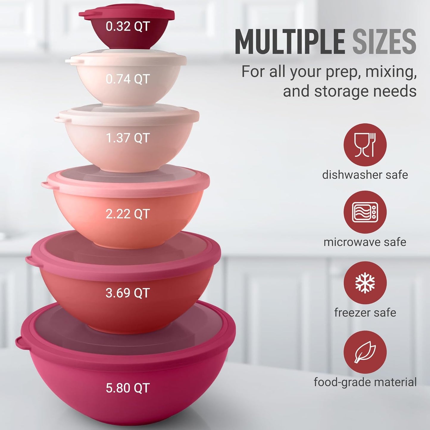 Zulay Kitchen 12 Piece Plastic Mixing Bowls with Lids Set - Leak-Proof Microwave & Freezer Safe Stackable Mixing Bowl Set for Preparing, Serving and Storing - Non-Slip Large Nesting Bowls (Blue Ombre)