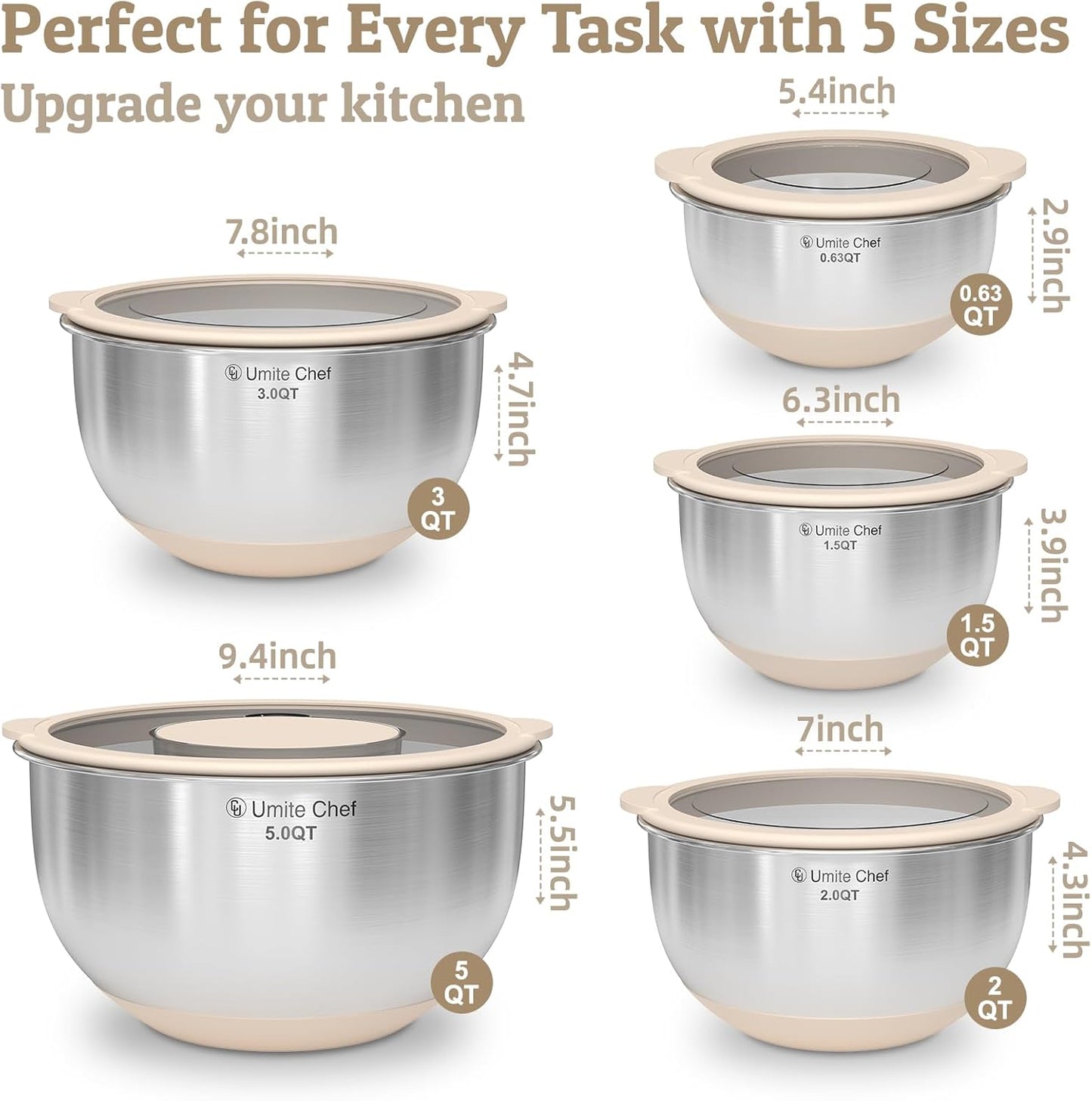 Mixing Bowls with Lids Set - Non-Slip, Airtight Warp-Proof TPR-AS Lids, Thicker Stainless Steel Bowls, Measurement Lines & 3 Graters, Prep Meal Bowl, Black Nesting Bowl for Kitchen, 5/3/2/1.5/0.63QT