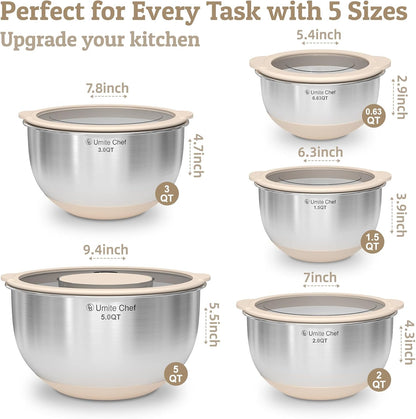 Mixing Bowls with Lids Set - Non-Slip, Airtight Warp-Proof TPR-AS Lids, Thicker Stainless Steel Bowls, Measurement Lines & 3 Graters, Prep Meal Bowl, Black Nesting Bowl for Kitchen, 5/3/2/1.5/0.63QT