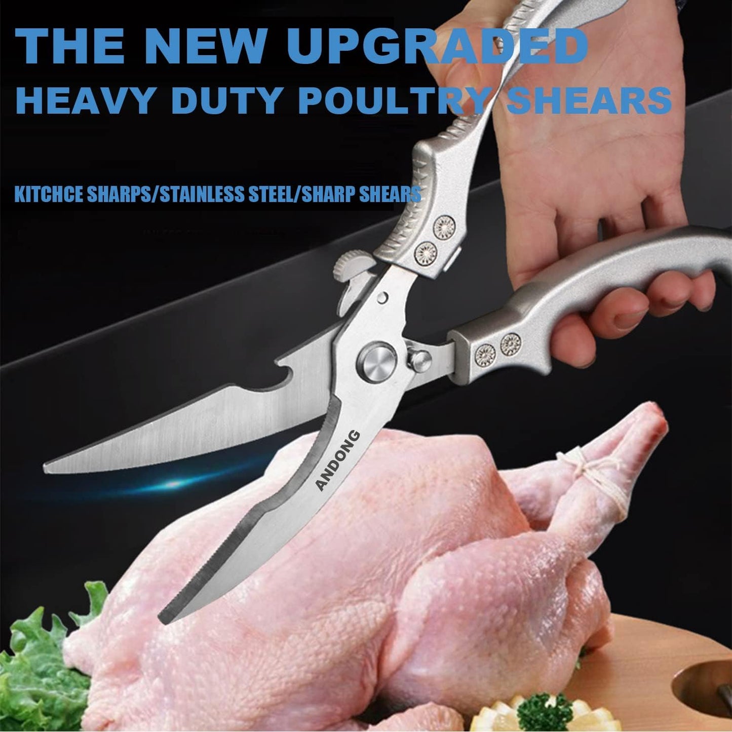 ANDONG Upgrade Heavy Duty Stainless Steel Kitchen Scissors - Professional Poultry Shears for Bone, Meat, Chicken, Fish, Turkey, Vegetables,Spring Loaded Multipurpose Ultra Sharp Utility Scissors