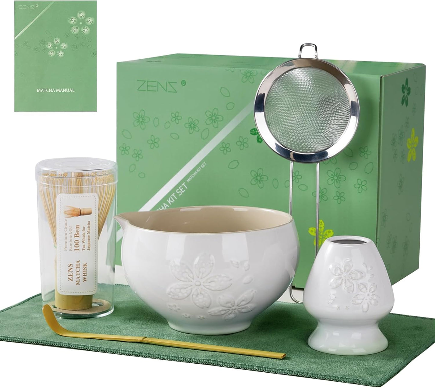 ZENS Matcha Whisk Set, Ceramic Matcha Kit Set Includes Matcha Bowl, Bamboo Whisk and Scoop, Chasen Holder, 304 Sifter and Tea Mat - 6Pcs Matcha Kit for Matcha Lovers (White)