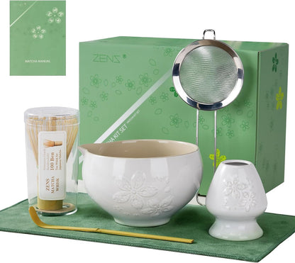 ZENS Matcha Whisk Set, Ceramic Matcha Kit Set Includes Matcha Bowl, Bamboo Whisk and Scoop, Chasen Holder, 304 Sifter and Tea Mat - 6Pcs Matcha Kit for Matcha Lovers (White)