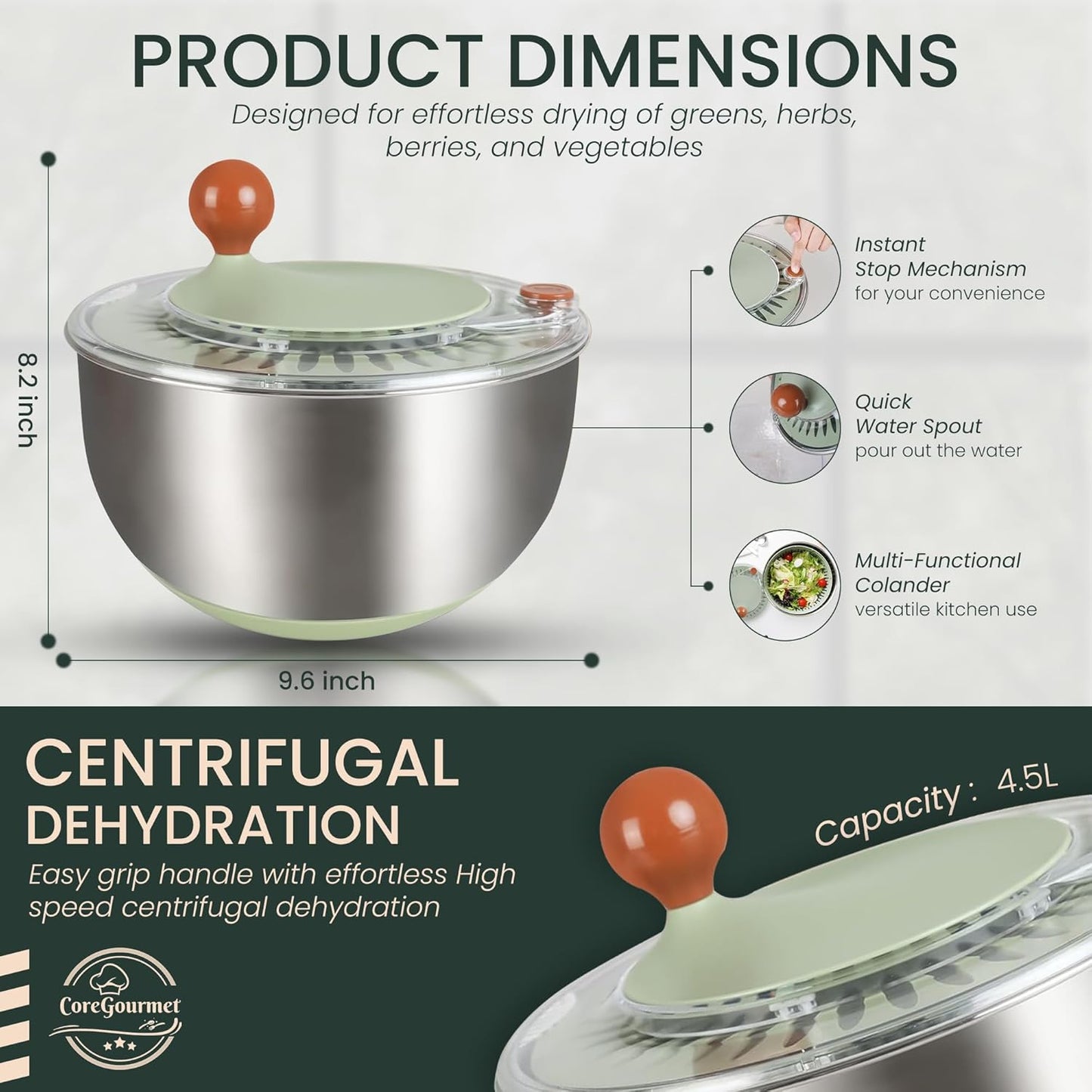 Stainless Steel Salad Spinner 5 Qt, Vegetable & Fruit Washing Bowl with Strainer, ABS & Stainless Steel, lettuce Dryer with Double Drain Holes, Quick Spin for Greens, Easy Grip, Non-Slip Base