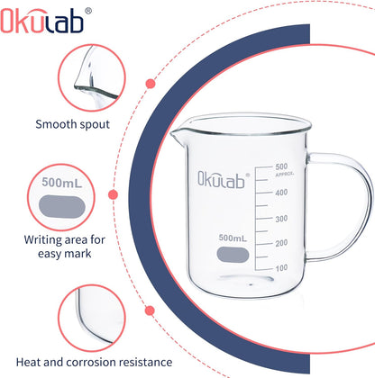 Glass Beakers with Handle, 2 Pcs Vol 600ml 3.3 Borosilicate Glass Beaker Measuring Cups with Spout for Laboratories, Classrooms or Home, Lab Beakers, BKLGH600A2