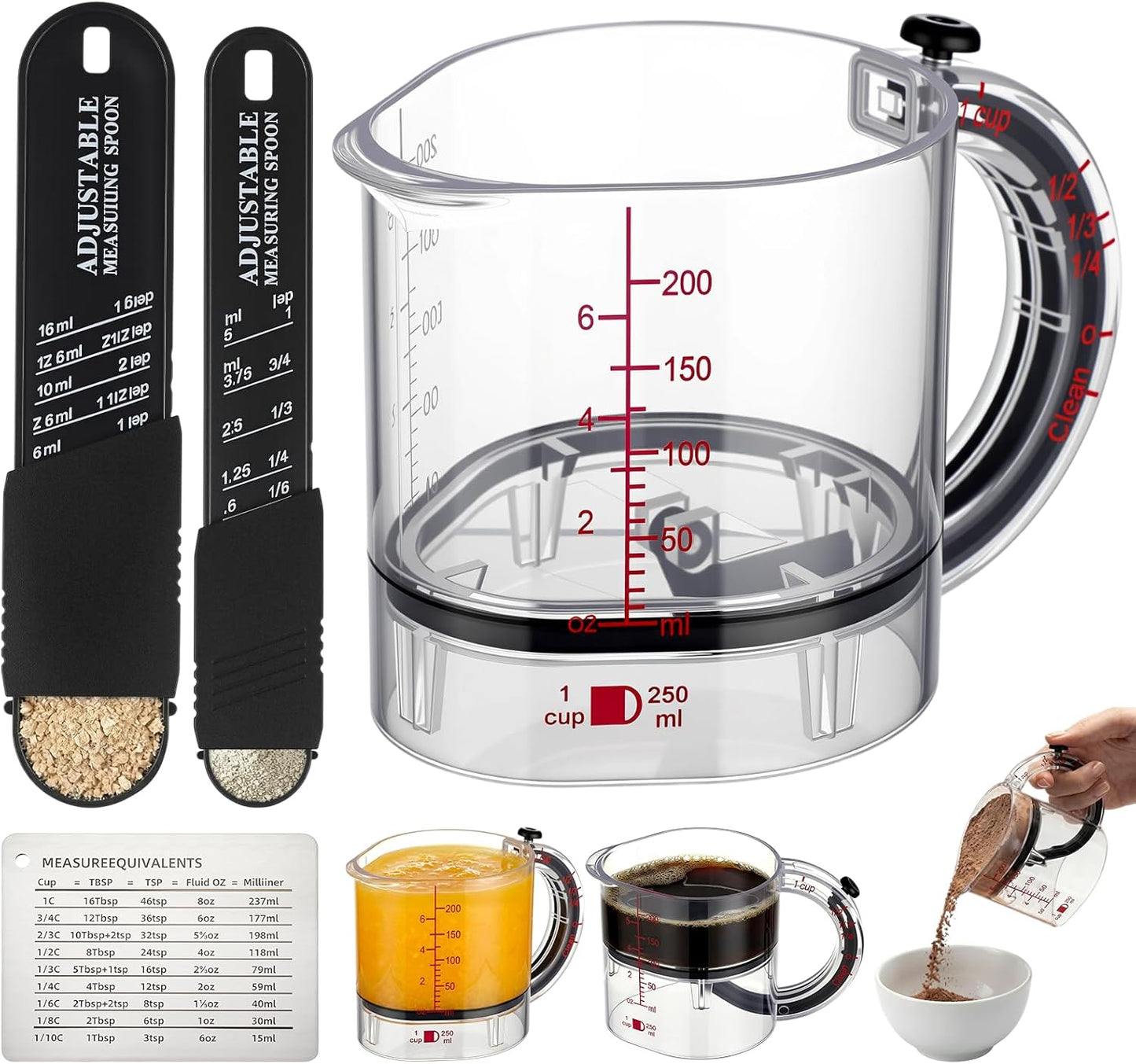 4 In1 Adjustable Measuring Cup Set Multi with Scraper Style Seal Base Adjustable Measuring Spoon Measurement Conversion Chart Space Saving Easy to Clean for Baking Cooking