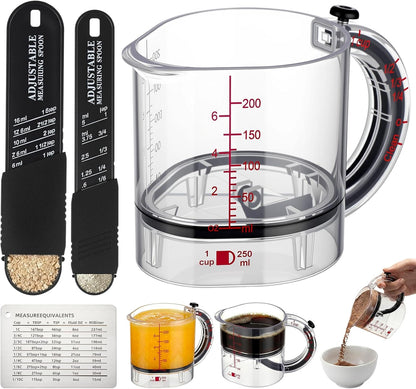 4 In1 Adjustable Measuring Cup Set Multi with Scraper Style Seal Base Adjustable Measuring Spoon Measurement Conversion Chart Space Saving Easy to Clean for Baking Cooking