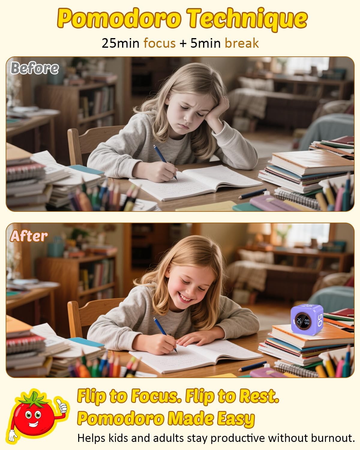 Digital Pomodoro Timer Cube 5/10/25/50min, Visual Productivity Flip Timer for Kids Classroom Desk, Custom Countdown, Silent and Sound Mode for ADHD Study Work Game Kitchen (Orange)