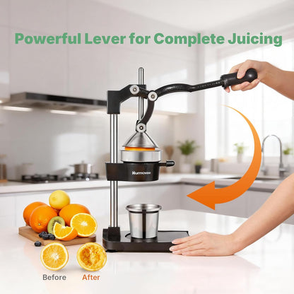 Cast Iron Juicer, 17"Tall & Sturdy Flat Base | Heavy-Duty Manual Hand Press Juicer For Orange Lemon Lime Pomegranate & Citrus, Orange Squeezer, Stainless Steel Cup, Easy to Clean, Black