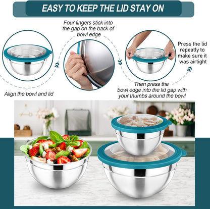P&P CHEF Mixing Bowl with Lid Set of 7, Stainless Steel Nesting Salad Bowls for Cooking Serving Prepping, Clear Lids & Stackable Design, Size 4.6, 3.5, 3, 2, 1.5, 1, 0.7 Qt - Khaki