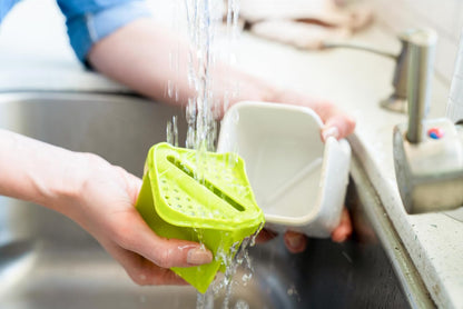 Full Circle Stash, Ceramic Kitchen Sink Caddy, Stylish Sponge Holder & Dish Brush Organizer, Easy to Clean, Dishwasher Safe, Rustproof, White and Gray