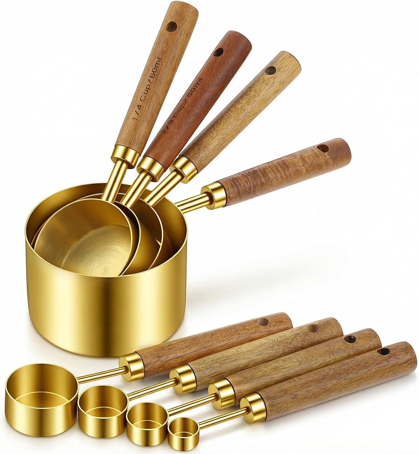 8 Pcs Gold Measuring Cups and Spoons Set, Stainless Steel Measuring Cups with Wood Handles, 4 Stackable Wooden Measuring Cups and 4 Measuring Spoons Set for Kitchen Cooking and Baking