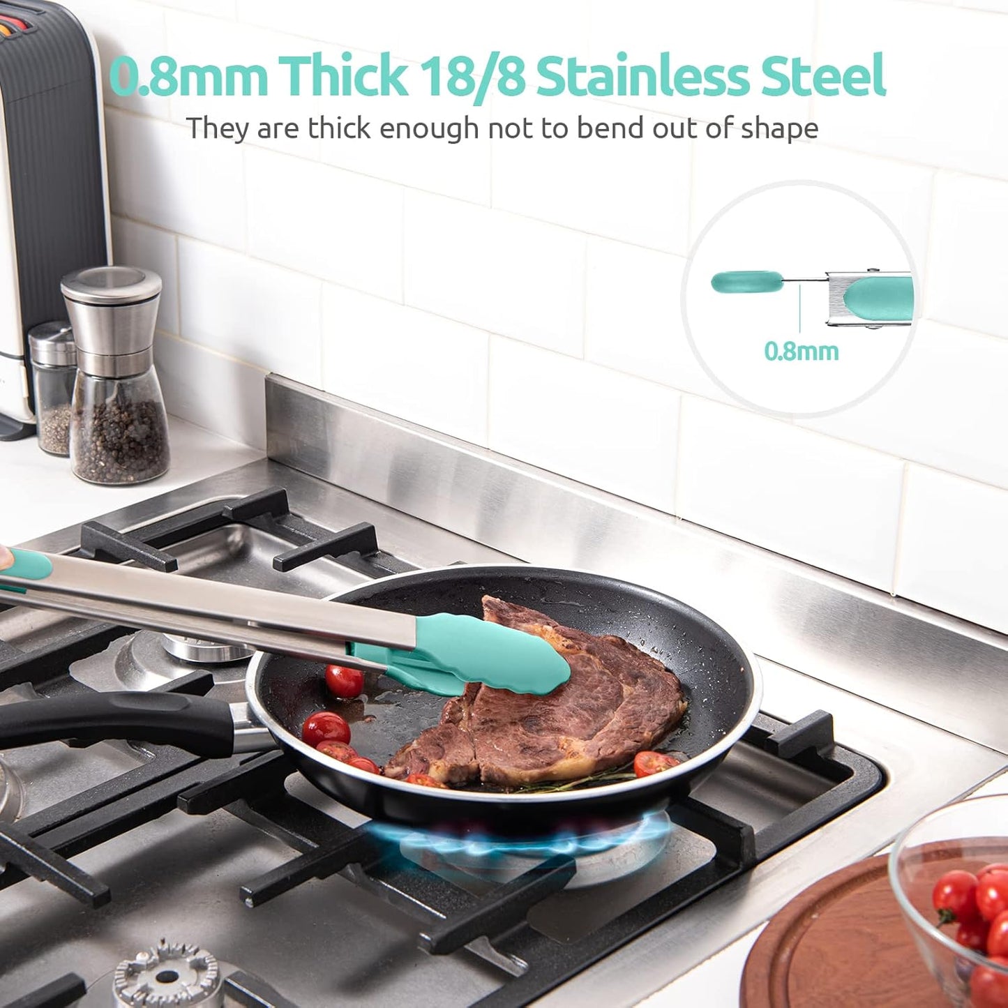 600ºF Heat Resistant Kitchen Tongs: U-Taste 9 inch Silicone Cooking Tong with Firm Sealed Non Stick Rubber Tips & Silicon Coated 18/8 Stainless Steel Handle & Smooth Locking for Serving Salad (Black)