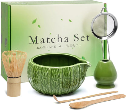 6-Piece Matcha Set, Matcha Whisk (Chasen) & Holder, Matcha Bowl with Spout, Sifter & Spoon, Bamboo & Ceramic, Dark Green
