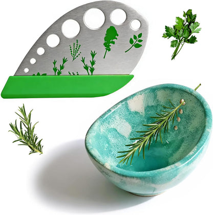 Herb Stripper 9-Hole Stainless Steel Peeler & 5-Hole Herb Stripper Bowl – Ceramic Herb Peeling Bowl, Kitchen Herbs Leaf Stripping Tool Easy to Clean Tools for Fresh Kale, Rosemary & Basil