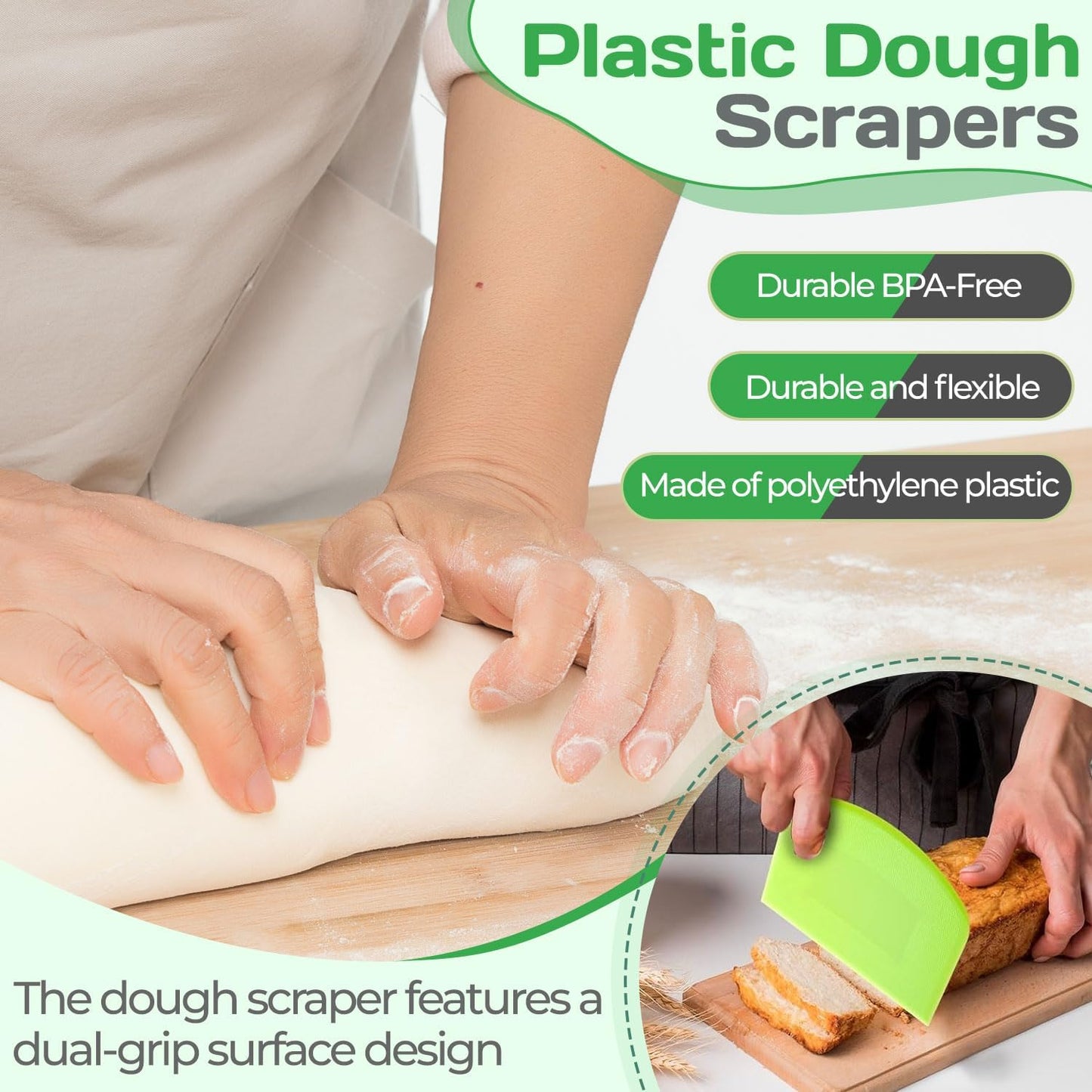 4 Pcs Dough Scraper Bench Scraper 4.65x3.66" Plastic Flexible Bowl Scraper Sharp-Edged Multi-Angle Cake Scraper Non-Slip Baking Tool Decorating Tool Shaping Tool (4Pcs Two white+ Two green)