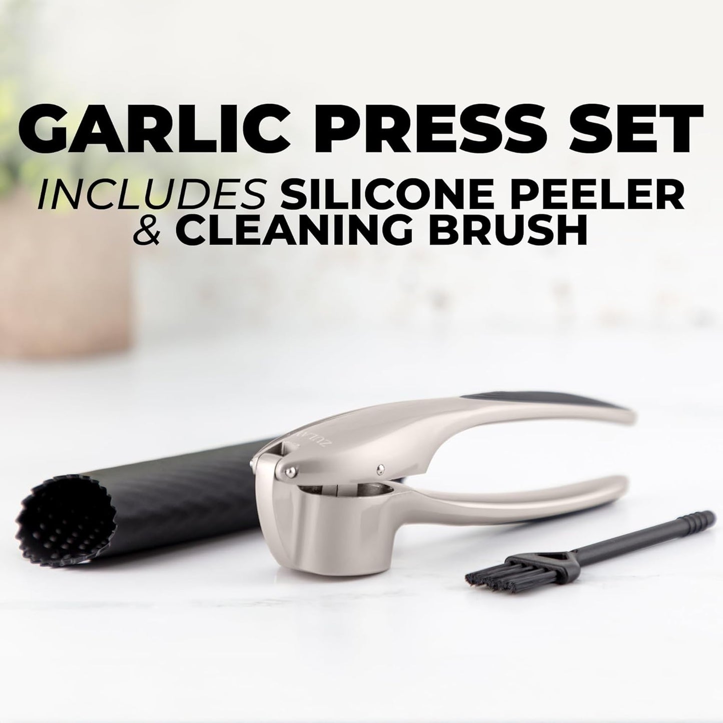Zulay Kitchen Premium Garlic Press Set - Rust Proof Professional Garlic Mincer Tool - Easy-Squeeze, Easy-Clean with Soft, Ergonomic Handle - Silicone Garlic Peeler & Brush (Silver)