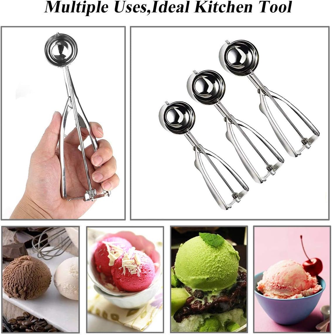 Ice Cream Scoop Set, Steel Ice Cream Scoop, Cookie Dough Metal Cupcake spoons Include Large-Medium-Small Sizes Balls for Ice Cream, Cupcake, Muffin (3 PCS)