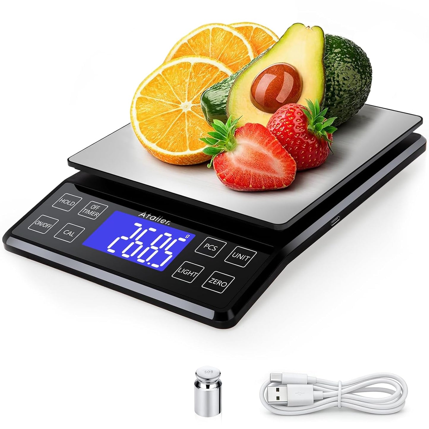 Digital Kitchen Scale 5kg 0.1g High Precision, Multifunctional Food Scale with PCS Counting, Hold & Tare, USB Rechargeable, 6.3x6.3 Inch Large Platform, Stainless Steel, for Cooking Baking Meal Prep