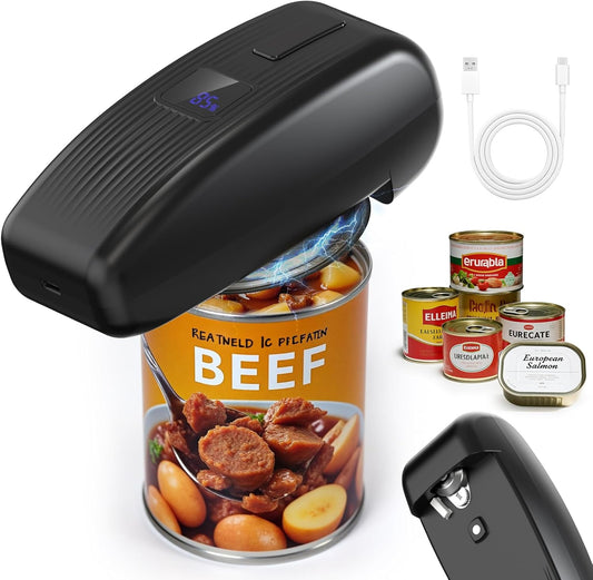 HuiJuKeJi LED Automatic Can Opener, Hands-Free One-Touch Operation Electric Can Opener, Auto-Stop Smooth Edge Safety & USB Rechargeable for Seniors Arthritis Effortless Opening Kitchen Gadget Gift