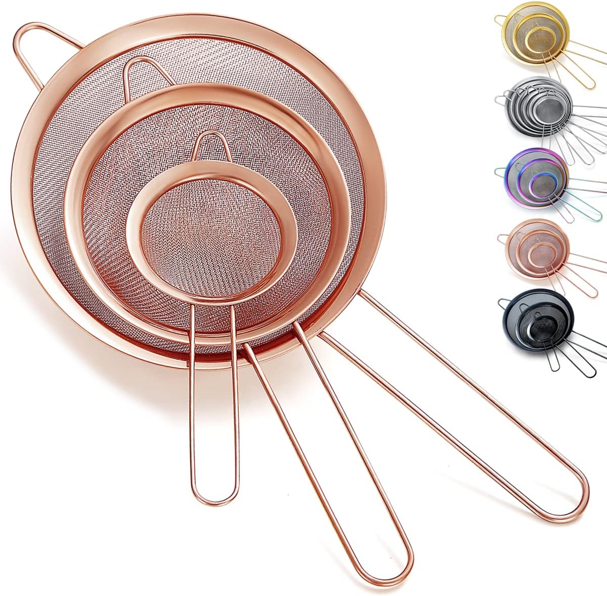 Kyraton Fine Mesh Strainer 6 Pieces Set, Flour Sifter For Baking, Stainless Steel Clander, Matcha Tea Strainer, Gravy Separator, Stasher Sieve Pasta Strainers
