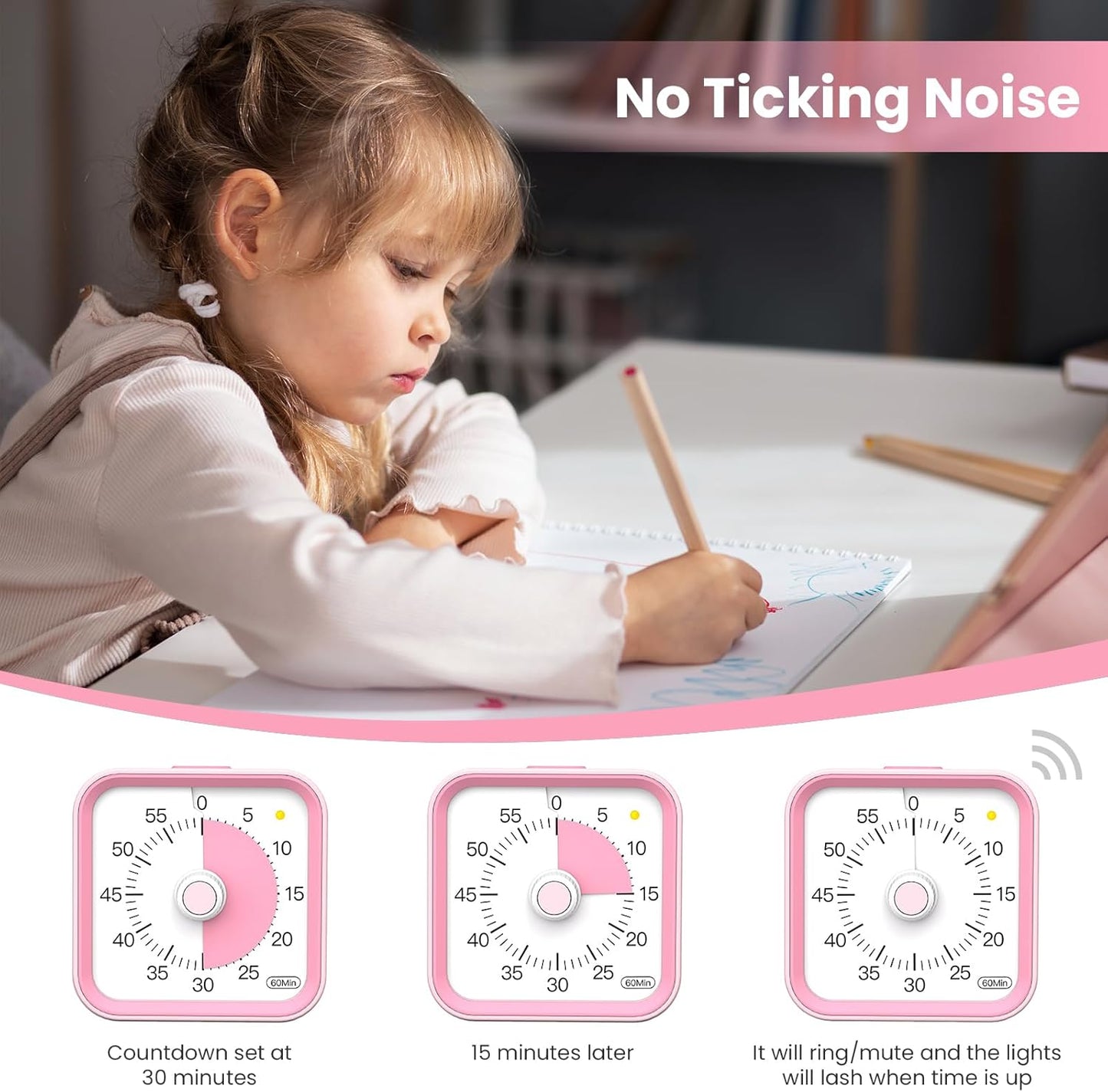 Visual Timer for Kids with Pause Function, 60 Minute Countdown Timer for Kids Desk Study, Teaching, Kitchen Cooking, Office Meetings, Time Management for ADHD (White)