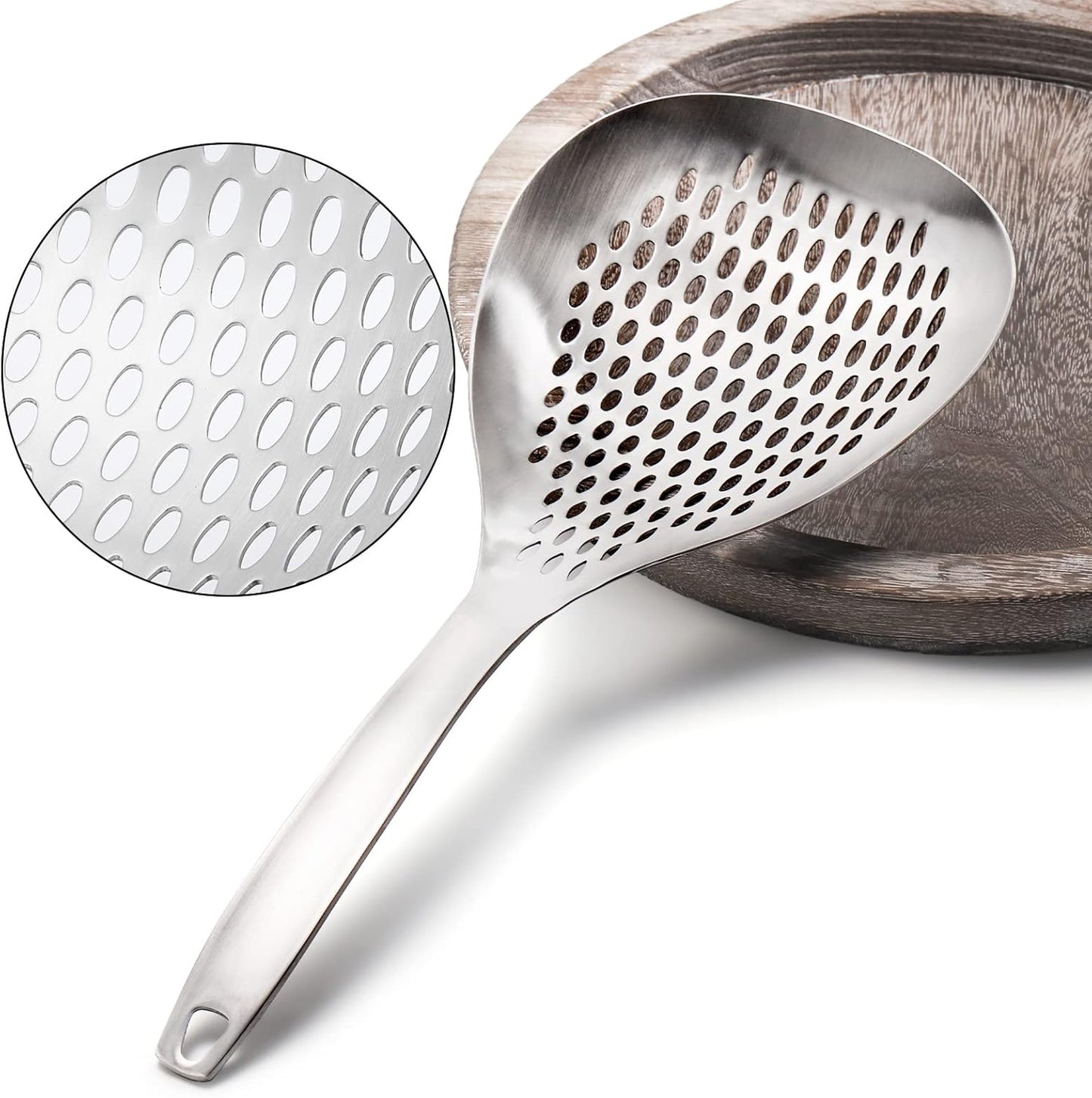 2 Pack Skimmer Slotted Spoon, 13.6 Inch Large Stainless Steel Skimmer Ladle Spoon Spider Strainer with Handle and Hanging Holes, Fryer Scoop Kitchen Colander for Cooking, Draining and Frying