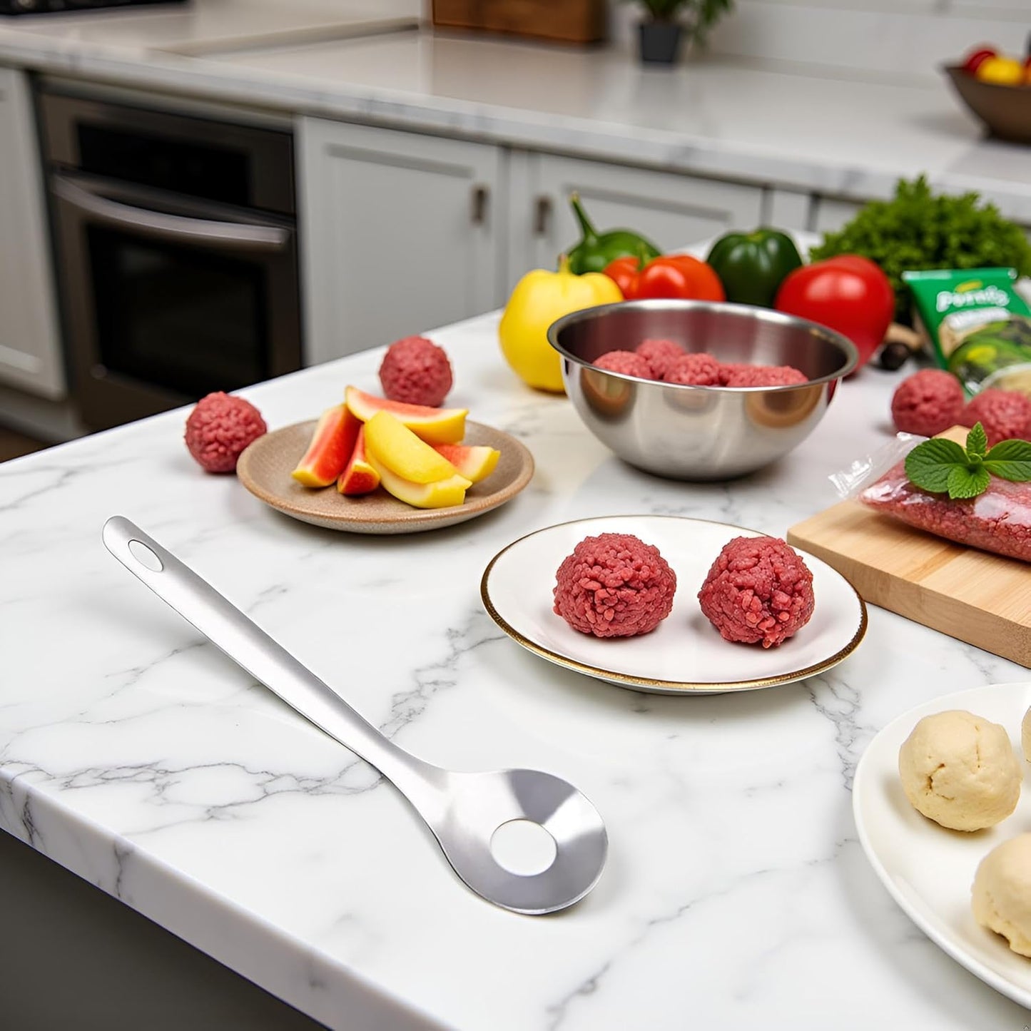 Silver Meatball Maker Spoon, Stainless Steel Meatball Scoop Ball Maker Tool, Non-Stick Meatball Maker Meat Baller with Long Handle Fruit and Vegetable Tools