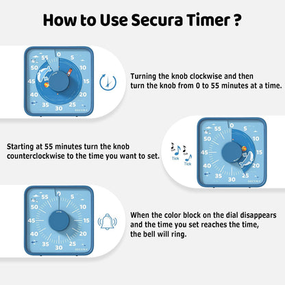 Secura 60-Minute Visual Countdown Timer, 7.5-Inch Oversize Classroom Visual Timer for Kids and Adults, Durable Mechanical Kitchen Timer Clock with Magnetic Backing (Blue)