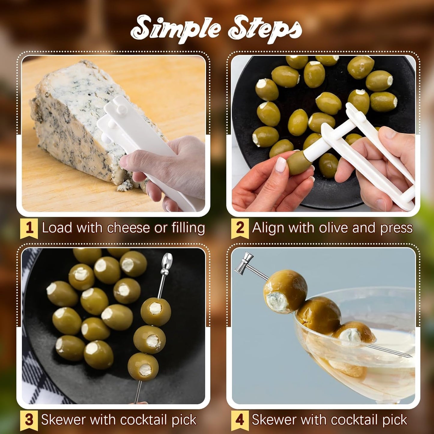Olive Stuffer Tool Set & 8 Stainless Steel Martini Picks, Food Grade Olive Stuffing Tool for Stuffed Olives, Blue Cheese and Garlic Fillings, Reusable Cocktail Picks for Martinis, Drinks