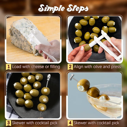 Olive Stuffer Tool Set & 8 Stainless Steel Martini Picks, Food Grade Olive Stuffing Tool for Stuffed Olives, Blue Cheese and Garlic Fillings, Reusable Cocktail Picks for Martinis, Drinks