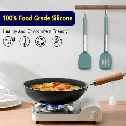 HOTEC Silicone Spatula Set of 2, High Heat-Resistant & BPA-Free Kitchen SaptulaTurner with Stainless Steel Handles, Slotted & Solid Spatulas for Nonstick Cookware, 13.7 Inch, Black