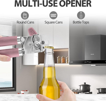 Safring Can Opener Manual, Heavy Duty Handheld Strong Can Opener with Soft Touch Handle, Sharp Blade Smooth Edge, Can Openers with Multifunctional Bottle Opener, Black