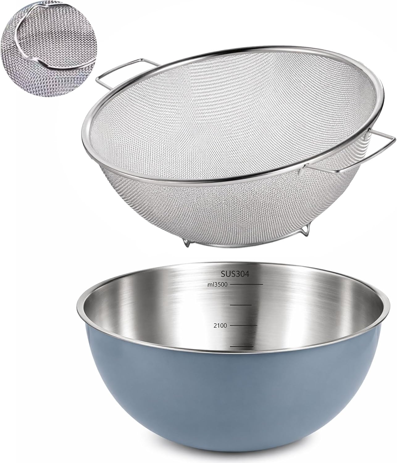 304 Stainless Steel Kitchen Colander Set, 3.5QT Colander with Handle and Bowl, 40 Mesh Fine Strainer, Fast Draining for Rice, Pasta, Fruits & Vegetables, Dishwasher Safe