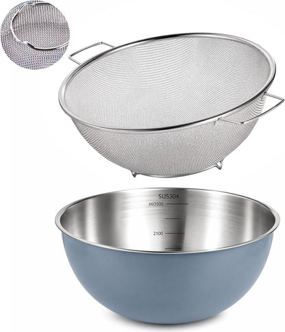 304 Stainless Steel Kitchen Colander Set, 3.5QT Colander with Handle and Bowl, 40 Mesh Fine Strainer, Fast Draining for Rice, Pasta, Fruits & Vegetables, Dishwasher Safe