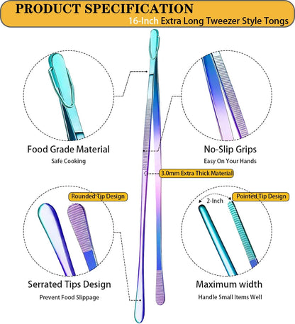 JETKONG 2 Pcs 12-Inch Kitchen Tweezers Fine Tweezer Tongs, Extra-Long Stainless Steel Cooking Tweezers (Silver)