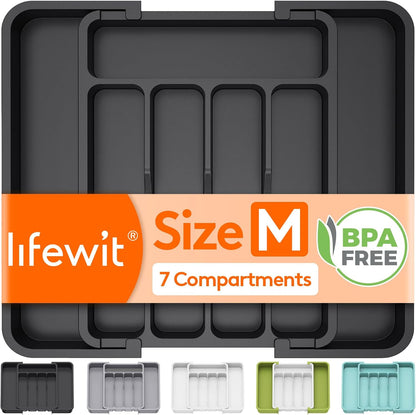 Lifewit Silverware Drawer Organizer, Expandable Utensil Tray for Kitchen, BPA Free Flatware and Cutlery Holder, Adjustable Plastic Storage for Spoons Forks Knives, 11-18 x 14", Black
