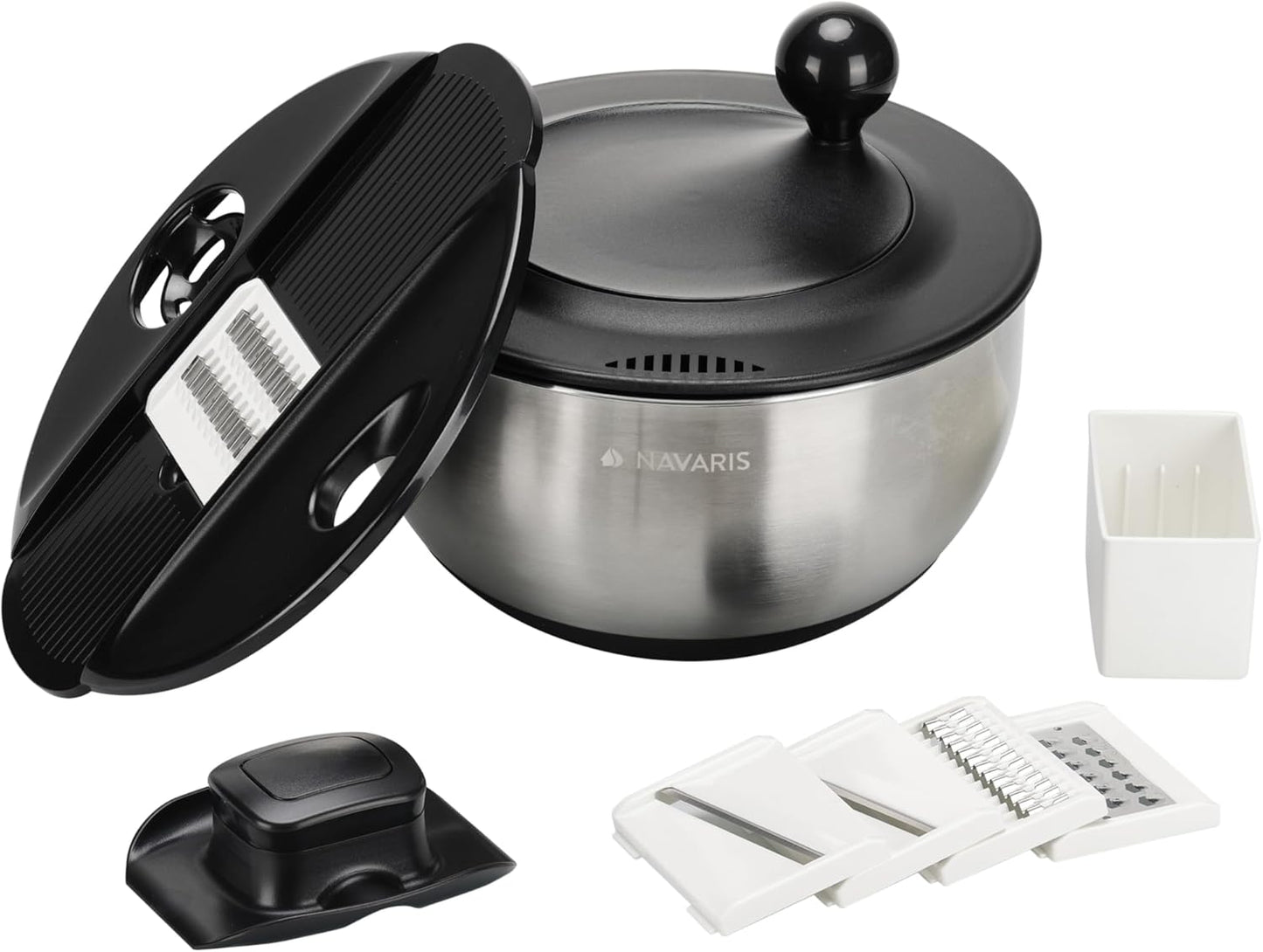 Navaris Salad Spinner with Storage Lid - Durable Stainless Steel Vegetable & Lettuce Dryer Set - Non-Slip Silicone Base - Includes Plastic Colander and Extra Storage Lid - Black