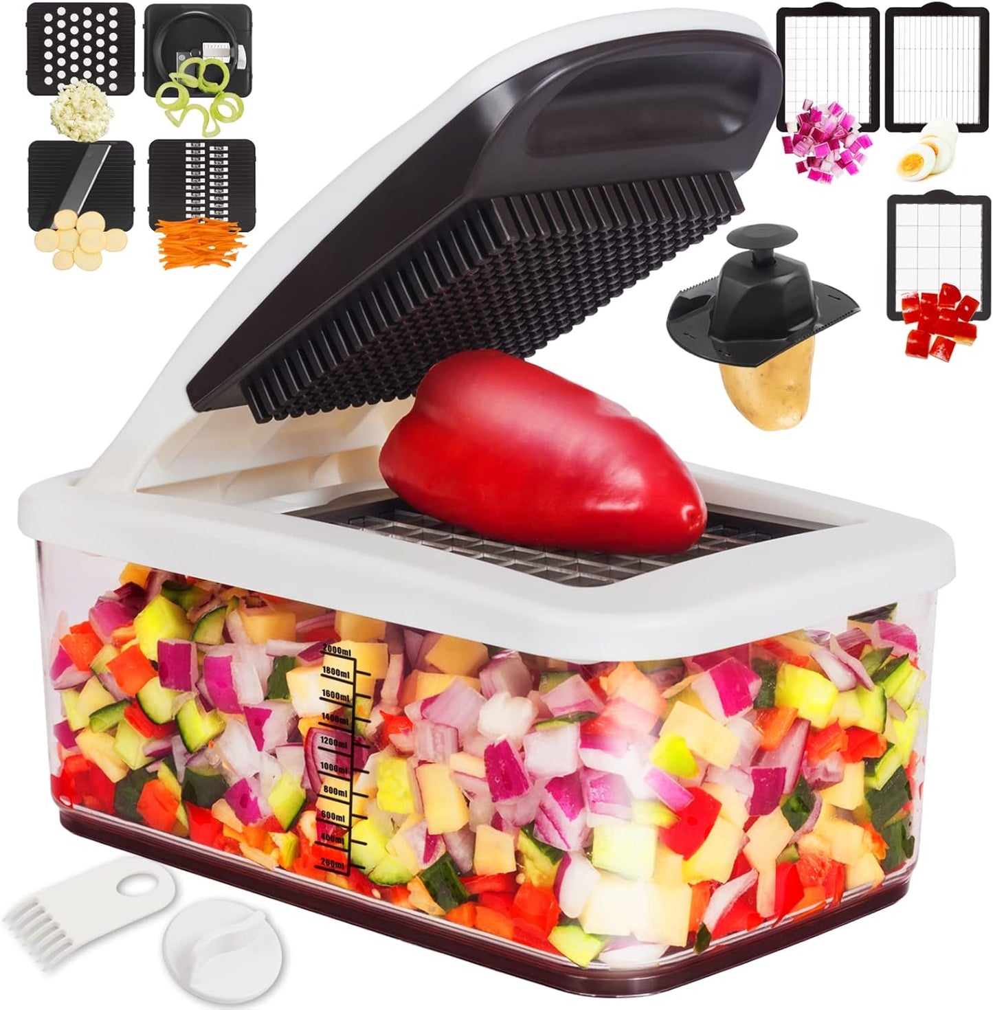 RüK Vegetable Chopper Slicer Onion Dicer, Multi 22-in-1 Veggie Mandoline Food Cutter for Tomato Fruit with Lemon Squeezer, E-Recipe, 11 Blades, Egg Separator & Slicer, Container