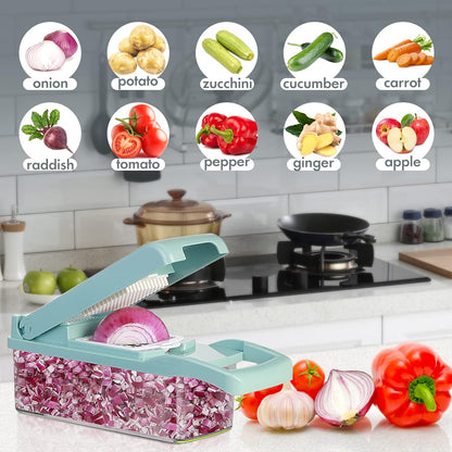 Ourokhome Vegetable Chopper Onion Cutter, 14 in 1 Professional Mandolin Slicer for Kitchen, Multifunctional Food Chopper for Potato, Tomato, Veggie with Strainer Basket, 10 Blades, Gray