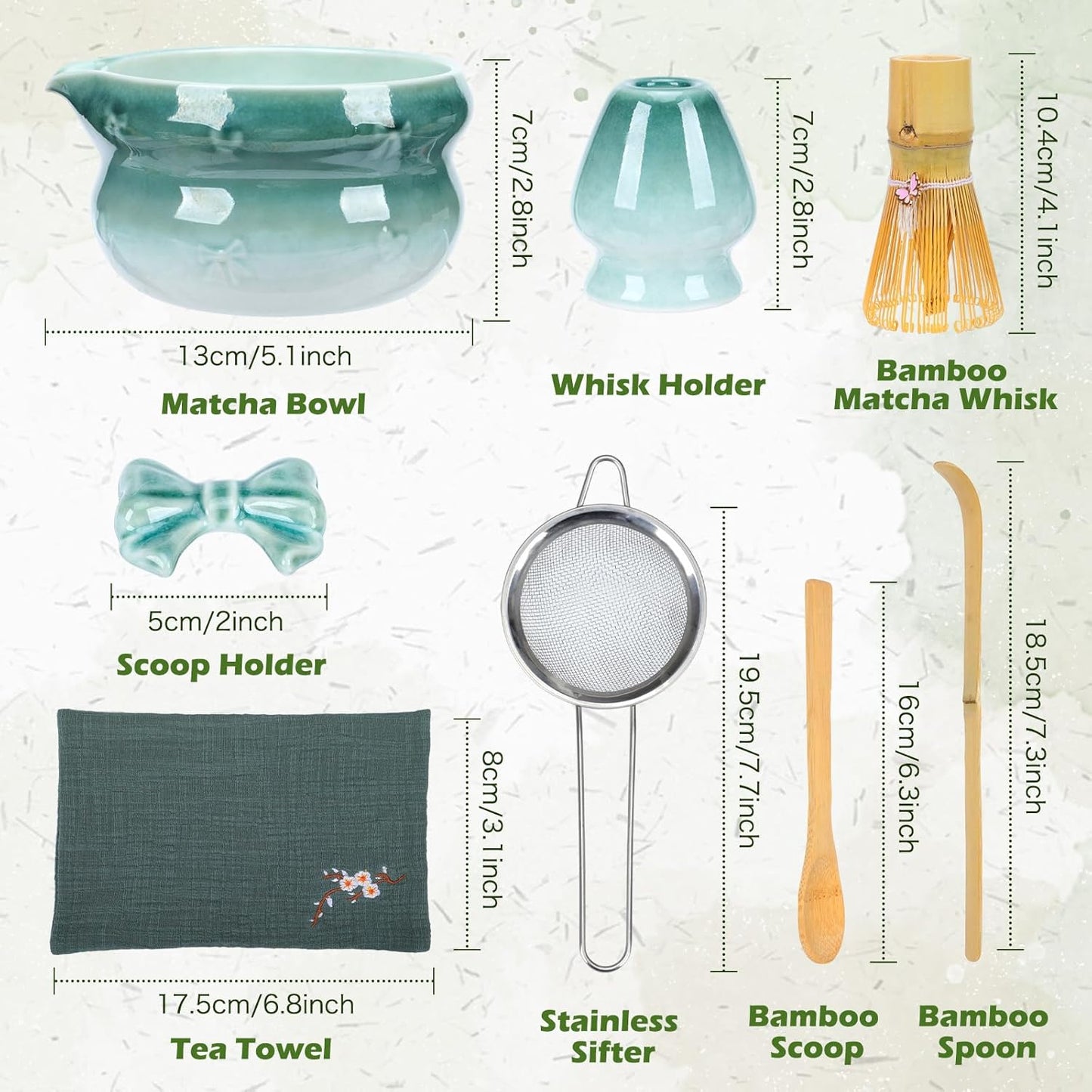 8 Pcs Matcha Whisk Set, Ceramic Matcha Japanese Tea Set Includes 16oz Bowl, Whisk and Holder, Bamboo Scoop and Spoon, Scoop Rest, Sifter and Towel, Green Glaze Making Kit for Tea Lovers