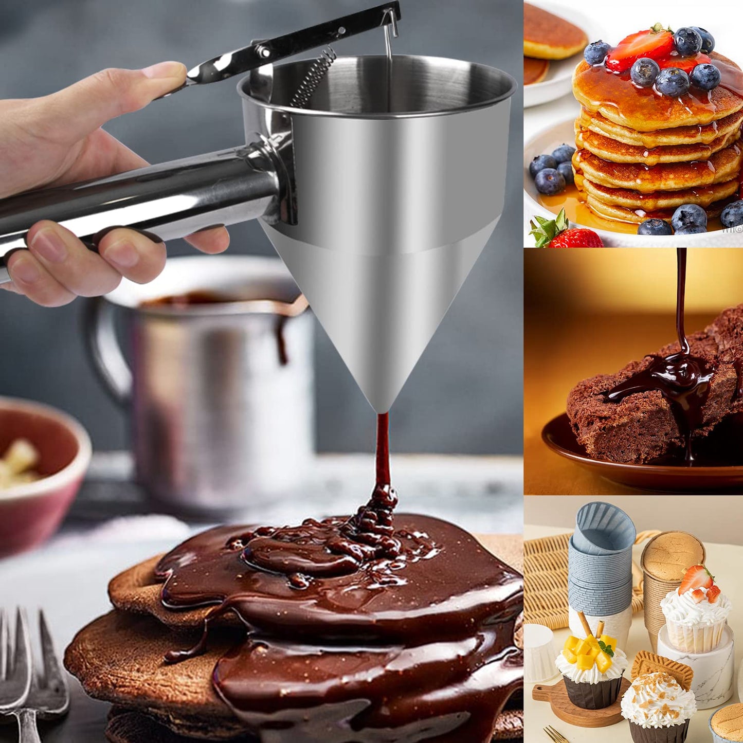 KAYCROWN Pancake Batter Dispenser, 1200ml Stainless Steel Funnel Cake Dispenser with Stand and Basting Brush, Great for Cupcakes, Waffles, takoyaki or Any Baked Goods, Batter Funnel Dispenser