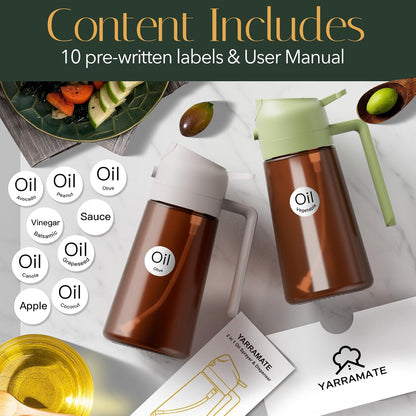 YARRAMATE 2Pcs 16oz/470ml Dark Brown Oil Sprayer for Cooking with Stickers, Food-grade Premium 2 in 1 Olive Oil Dispenser Bottle for Kitchen Gadgets, Air Fryer, Salad, Frying, BBQ (Black&OliveGreen)