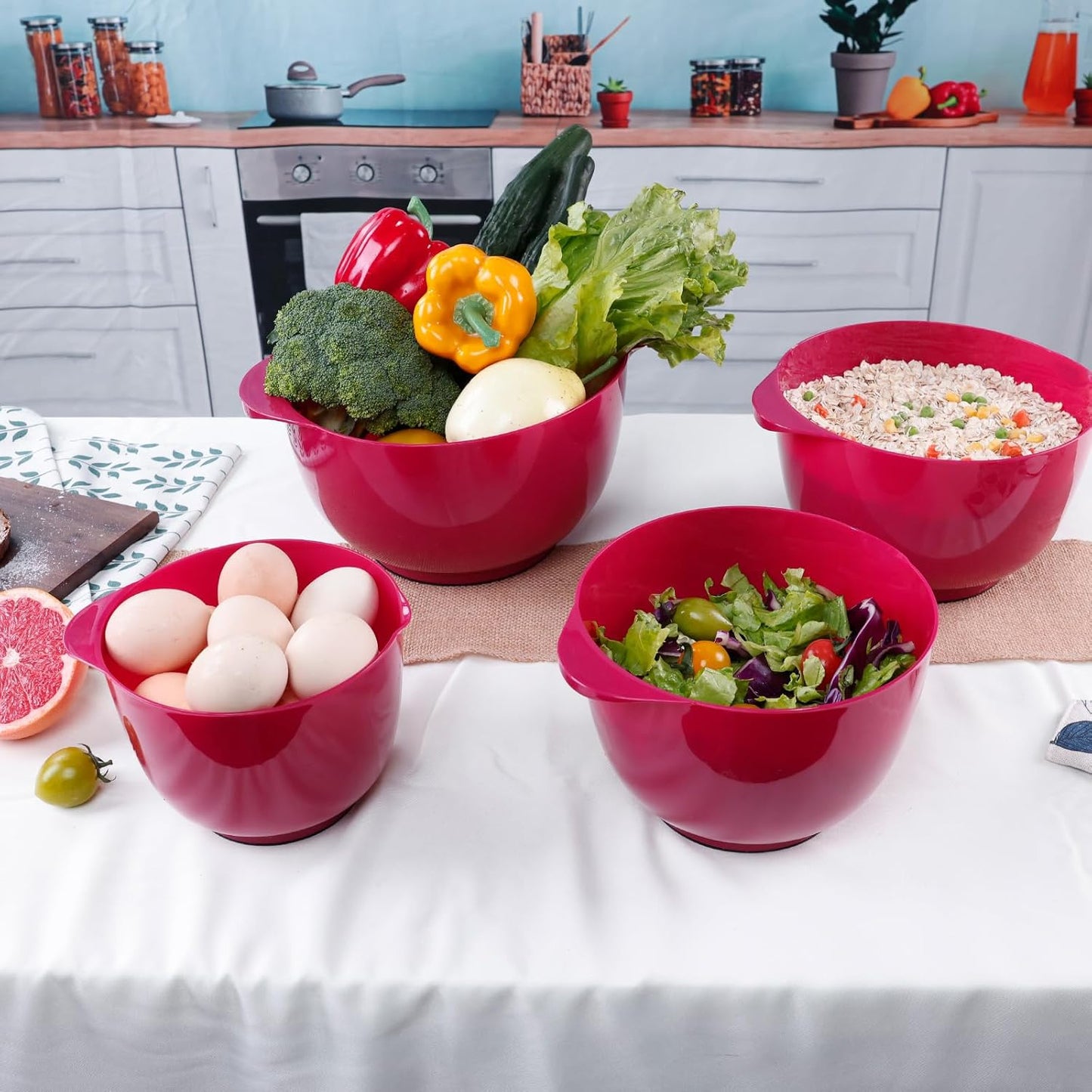 BoxedHome Green Ombre Nesting Plastic Mixing Bowl Set With Pour Spout, Microwave and Dishwasher Safe, BPA free Non-Slip Base, Set of 4 Size 1.7, 2.5, 3.5 and 4.5qt, Great for Prepping, Baking, Cooking