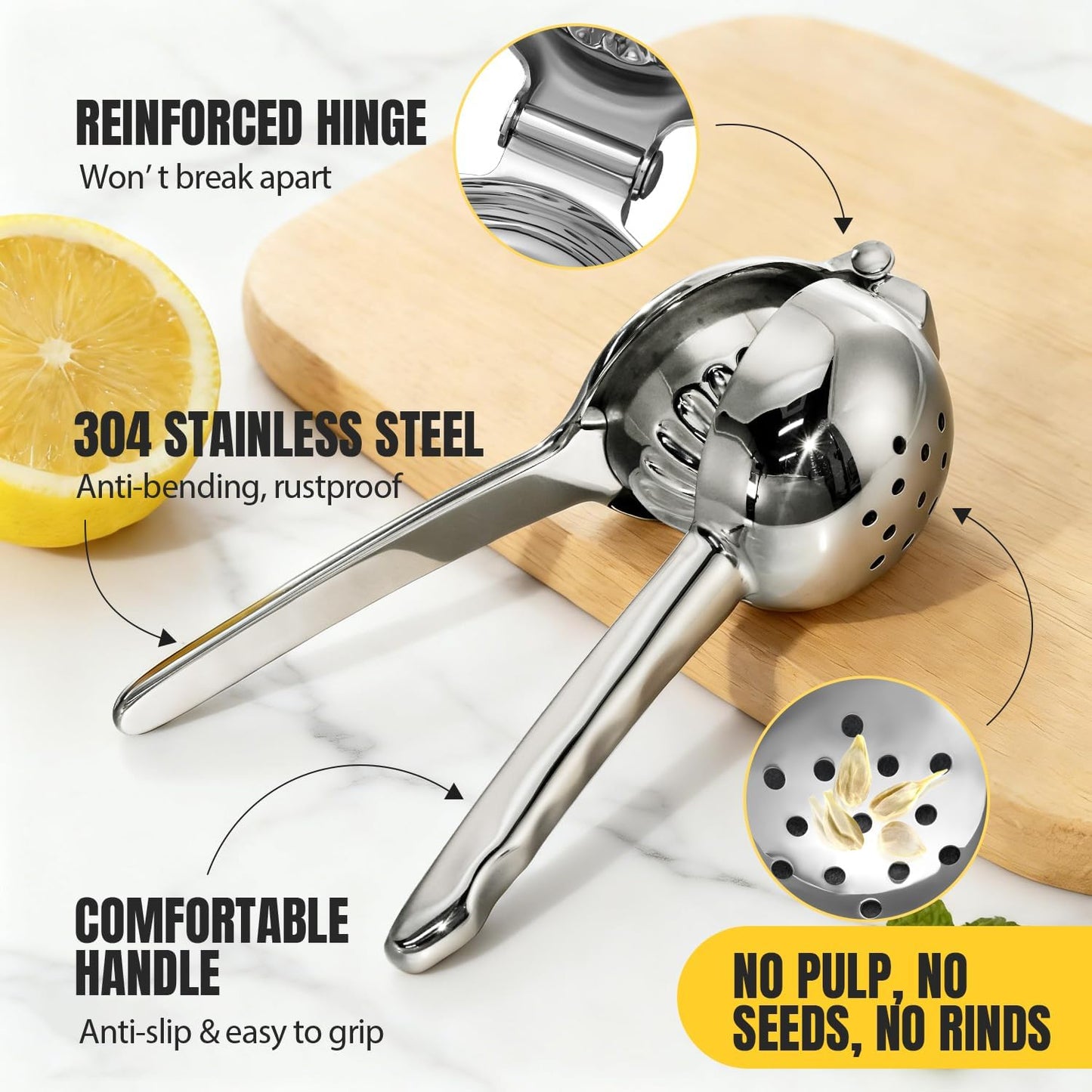 Lemon Squeezer, Sopito All 304 Stainless Steel Lemon Juicer Heavy Duty Large Citrus Juicer Hand Press Lime Squeezer for Seedless Juicing, Non-Slip Grip