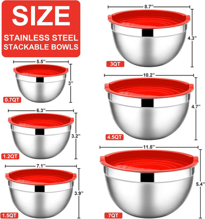E-far Mixing Bowls with Lids, 6-Piece Stainless Steel Salad Bowls Metal Nesting Bowls for Baking Cooking and Prepping, Airtight Lids & Stackable Design, Size 4.5, 3, 1.5 QT (Black)