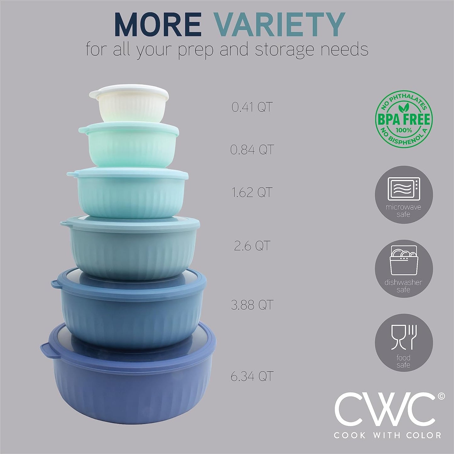 COOK WITH COLOR Prep Bowls with Lids- Wide and Deep Nesting Plastic Small Mixing Bowl Set with Lids, 8 Piece Set - Wide Bowls, Blue