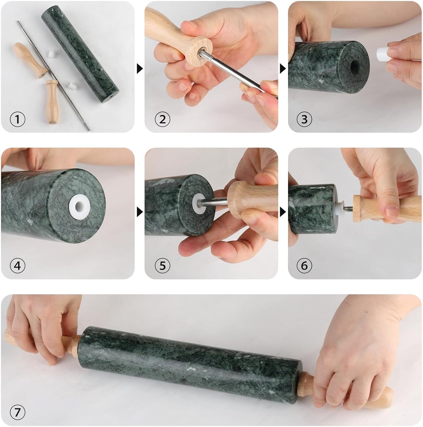 Koville African Natural Marble Rolling Pin, Non-Stick Polished Dough Roller, Pasta, Dumpling, Fondant, Pie Crust, Bread, Pizza Dough, Kitchen Baking Pastry Tools with Mat/Scraper（Namib Fantasy）